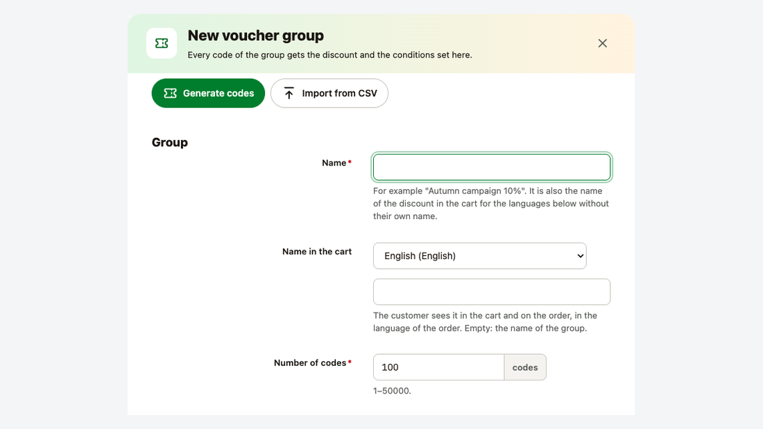 The New voucher group dialog: name, name in the cart per language and number of codes