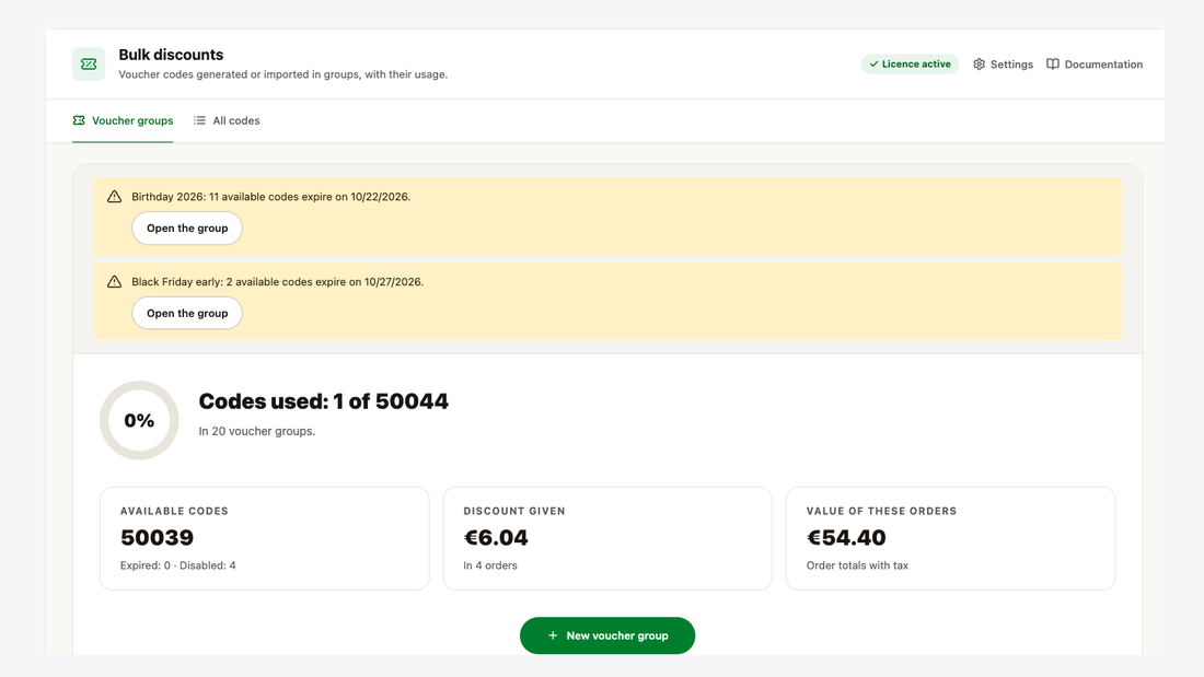 The Voucher groups screen: expiry notices, codes used of all codes, available codes, discount given and the value of these orders