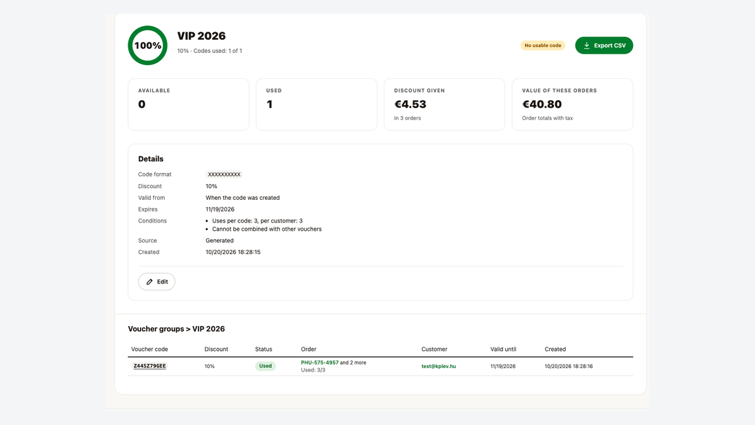The page of a group with a used code, its order and its customer
