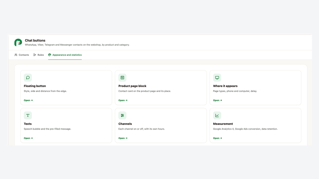 The Appearance screen: floating button, product page block, where it appears, texts, channels and measurement