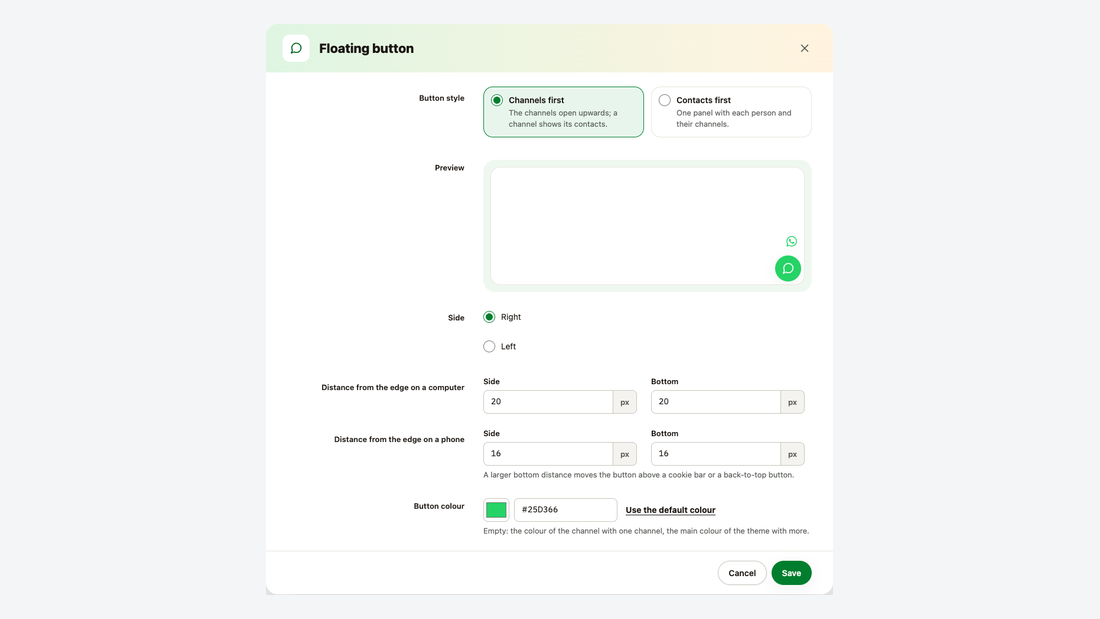 Floating button settings: style, preview, side, distance from the edge and colour