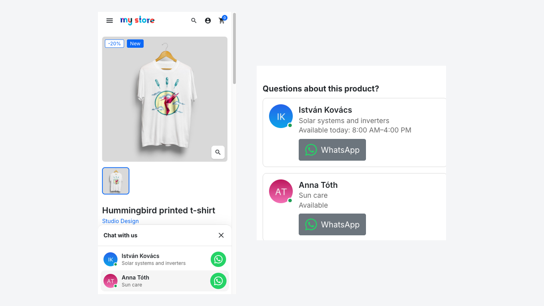 On a phone: the chat panel and the product-page contact cards