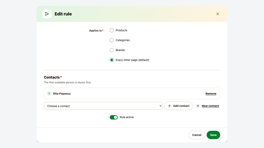 The rule dialog: what it applies to, the order of the contacts and adding a new contact