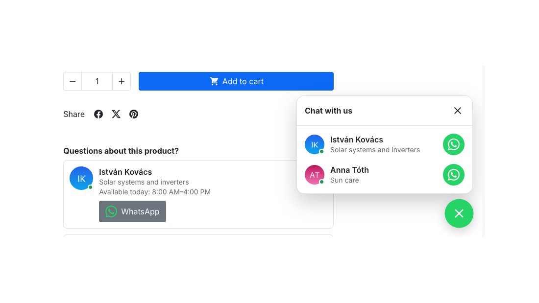 Product page with the open chat panel and the contact card showing today's hours