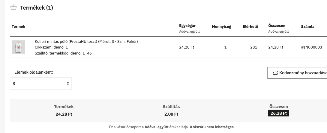 A Webshippy-sourced product in an order, with the supplier product code and synced stock